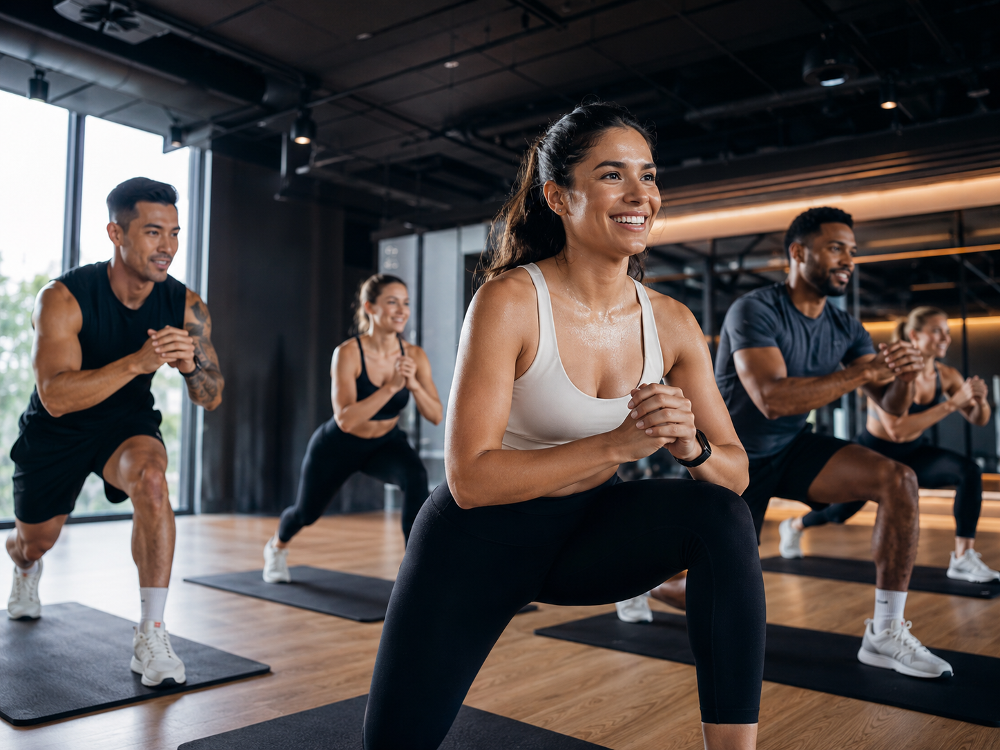 Group fitness class exercising together in a modern studio