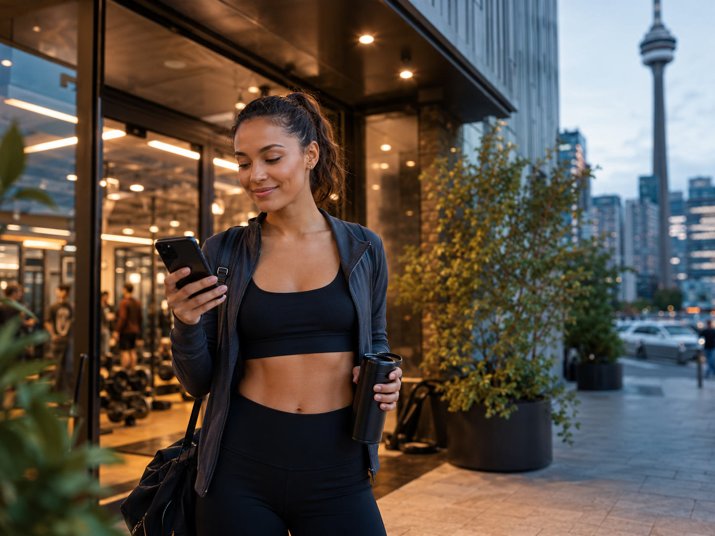 Gym member checking fitness app outside a city gym