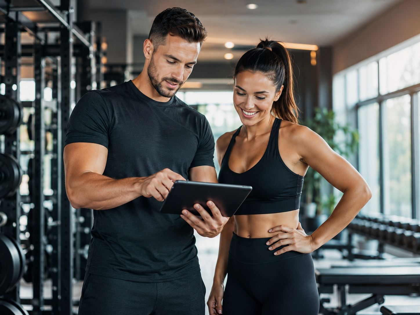 Personal trainer and gym member reviewing fitness plan on tablet